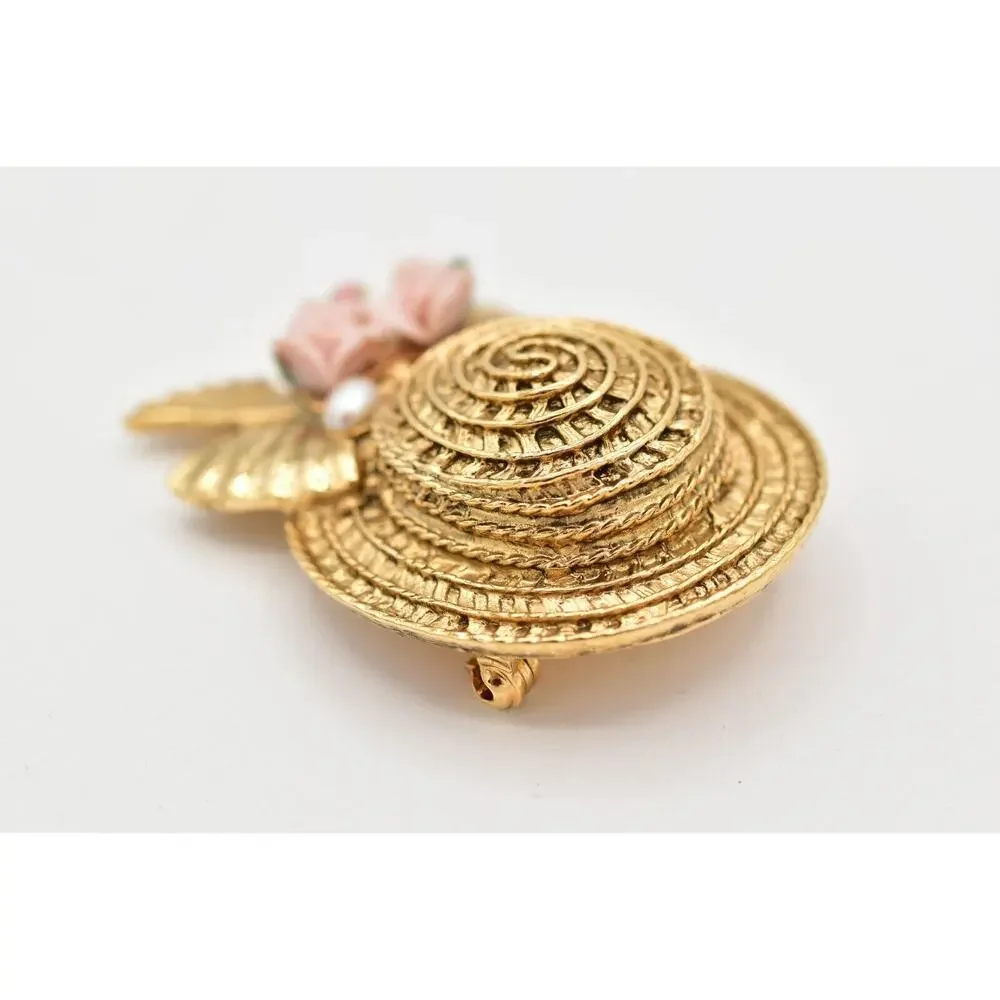 1928 Vintage Sun Hat Brooch Pin Pearl Pink Rose Bow Gold Chunky 1980s BinBK